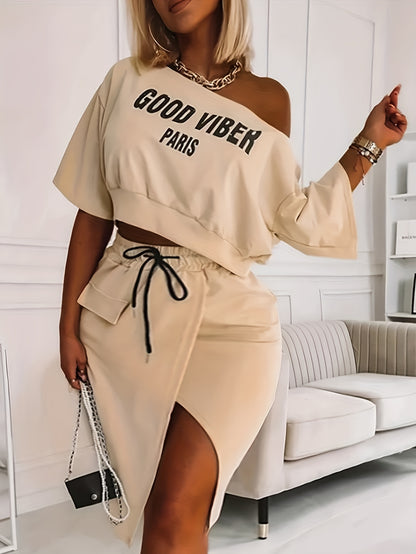 2025 elveswallet  Plus Size Casual Outfits Two Piece Set, Women's Plus Letter Print One Shoulder Short Sleeve Top & Drawstring Split Hem Knee Length Skirt Outfits 2 Piece Set