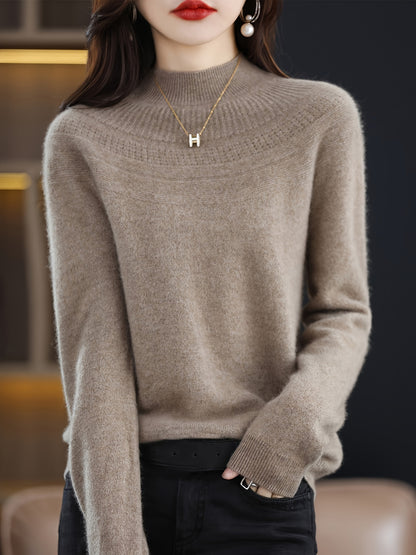 gbolsos  Solid Mock Neck Simple Sweater, Versatile Long Sleeve Knitted Top For Fall & Winter , Women's Clothing