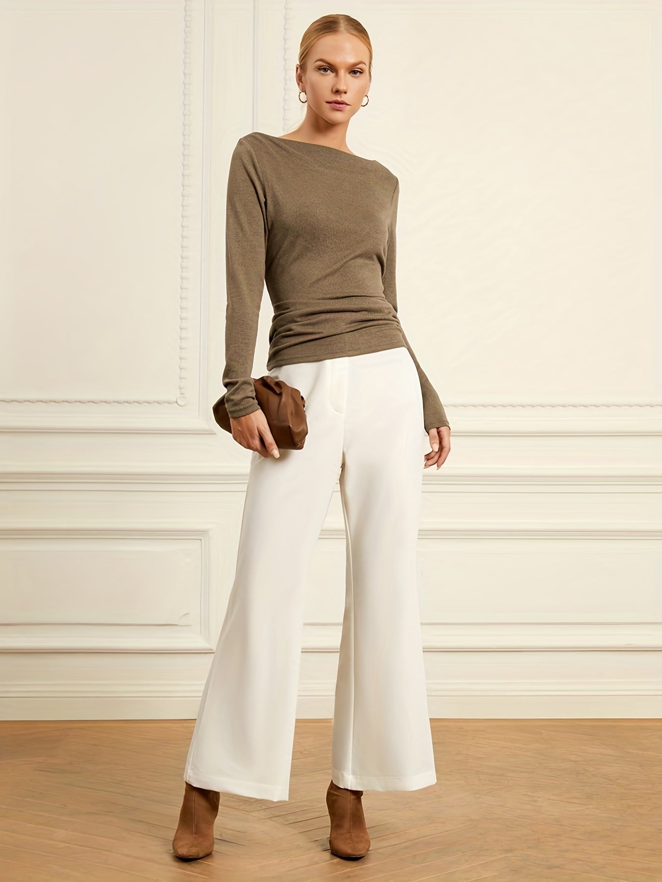 gbolsos  Solid Boat Neck T-Shirt, Casual Long Sleeve Top For Spring & Fall, Women's Clothing