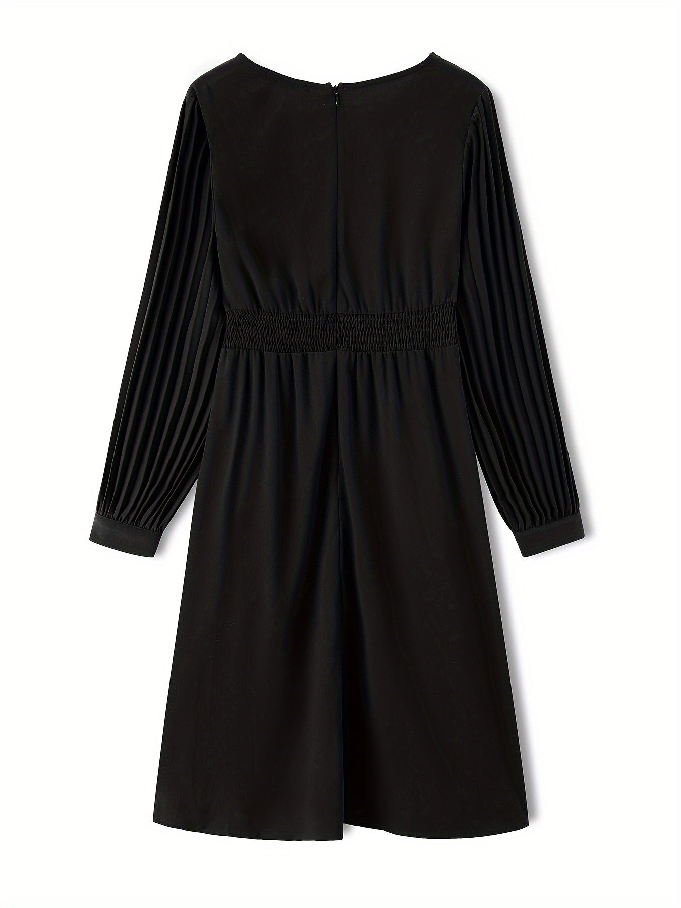 Tucked Solid Midi Dress, Elegant V Neck Long Sleeve Dress, Women's Clothing