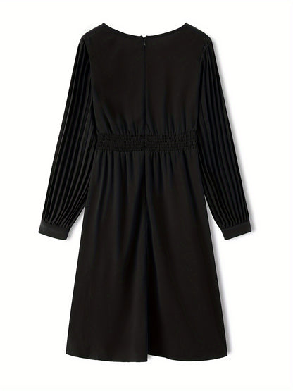 Tucked Solid Midi Dress, Elegant V Neck Long Sleeve Dress, Women's Clothing