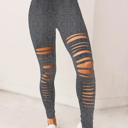 gbolsosBlack Ripped Skinny Pants, Casual High Waist Leggings For Spring & Summer, Women's Clothing