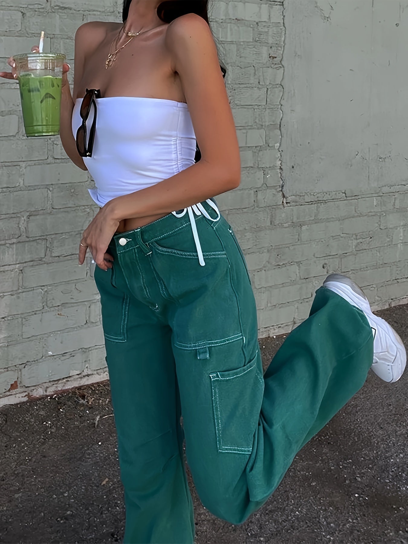 gbolsos High Waist Street Style Straight Jeans, Loose Fit Multi-Pockets Denim Pants, Women's Denim Jeans & Clothing