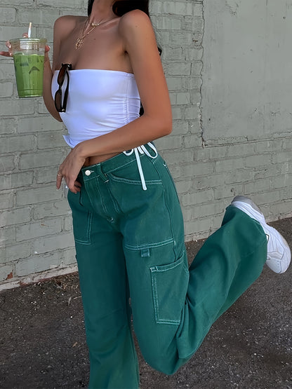 gbolsos High Waist Street Style Straight Jeans, Loose Fit Multi-Pockets Denim Pants, Women's Denim Jeans & Clothing