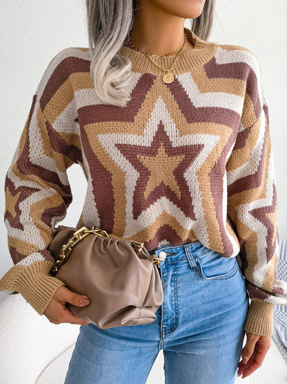2025 gbolsos  Women's Sweater Drop Shoulder Crew Neck Colorblock Star Print Pullover Sweater