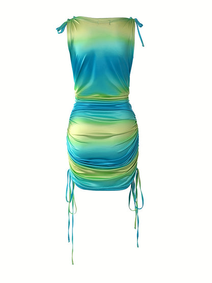 2025 elveswallet  Color Block Side Drawstring Dress, Sexy Ruched Sleeveless Tank Dress, Women's Clothing