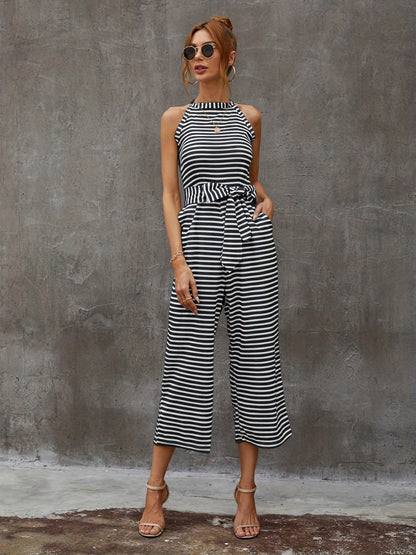 gbolsos  Striped Wide Leg Tie Front Jumpsuit, Boho Sleeveless Jumpsuit For Spring & Summer, Women's Clothing