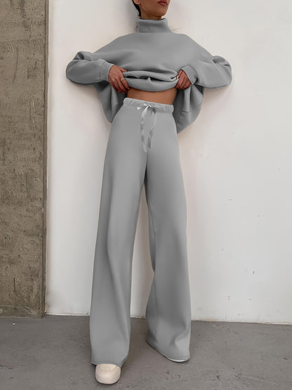 gbolsos  Casual Solid Two-piece Set, High Neck Top & Drawstring Pants Outfits, Women's Clothing