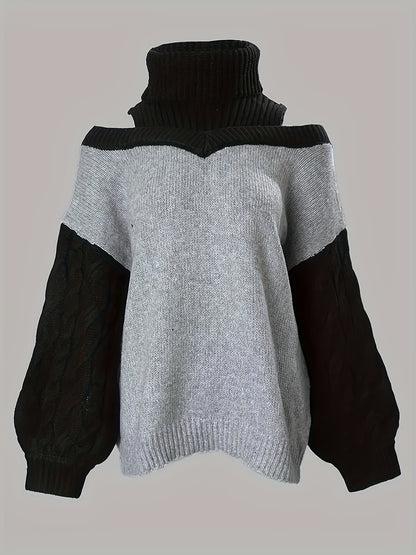 gbolsos  Color Block Cold Shoulder Sweater, Elegant Turtleneck Lantern Sleeve Sweater, Women's Clothing