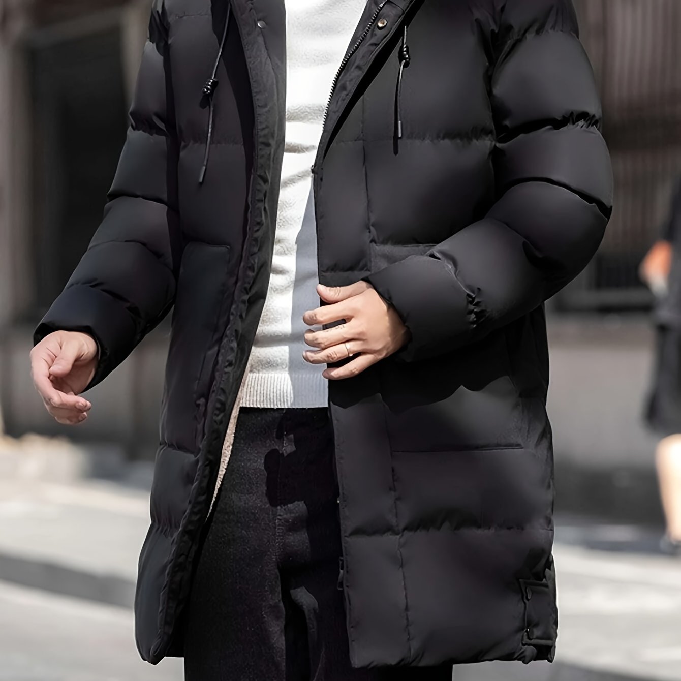gbolsos  Classic Design Warm Hooded Jacket, Men's Casual Solid Color Zip Up Cotton Padded Overcoat For Fall Winter Outdoor