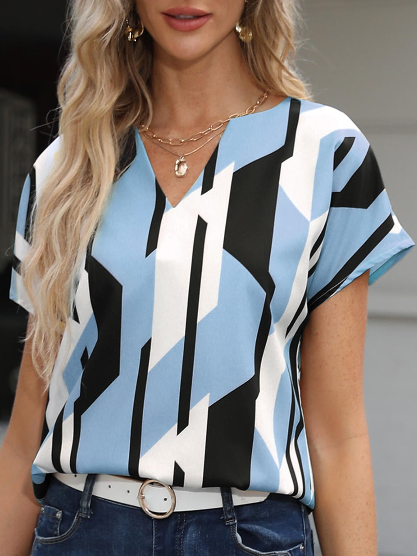 gbolsos Color Block Graphic Print Blouse, Casual Notched Neck Short Sleeve Blouse, Women's Clothing