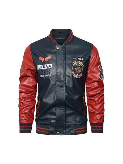 gbolsos  Men's Casual Pockets "R" Print Zipper Long Sleeves Baseball Collar PULeather Jacket