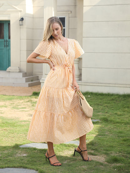 gbolsos  Solid High Waist Dress, Casual Surplice Neck Short Sleeve Maxi Dress, Women's Clothing