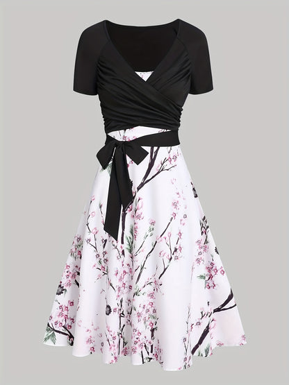 gbolsos  Elegant Two-piece Skirt Set, Short Sleeve Surplice Neck Belted Top & Floral Print Flared Skirt Outfits, Women's Clothing