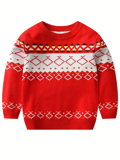 Boys Stylish Geometric Sweater Round Neck Long Sleeve Stretch Warm Knit Pullover Top Kids Clothes Outdoor