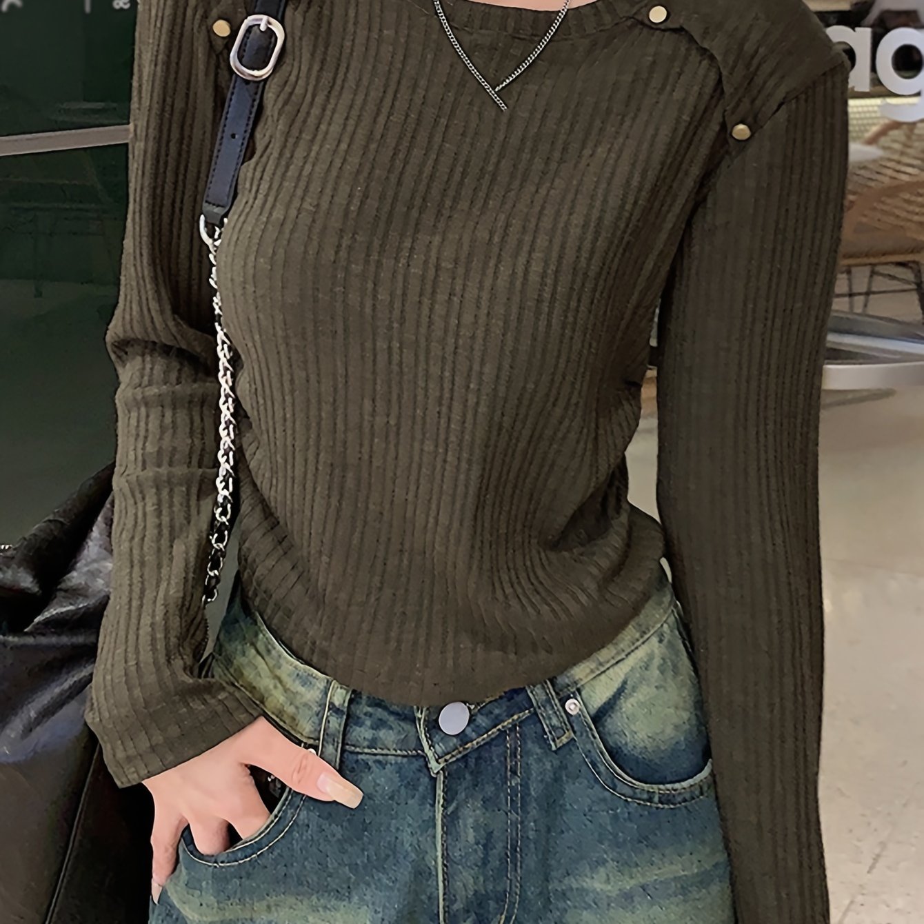 gbolsos Solid Crew Neck Rib Knit Top, Casual Long Sleeve Slim Crop Sweater For Spring & Fall, Women's Clothing