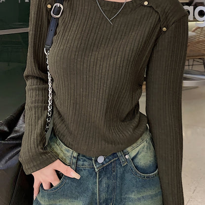 gbolsos Solid Crew Neck Rib Knit Top, Casual Long Sleeve Slim Crop Sweater For Spring & Fall, Women's Clothing
