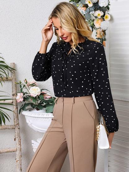 gbolsos  Confetti Heart Print Blouse, Elegant Tie Front Long Sleeve Blouse, Women's Clothing
