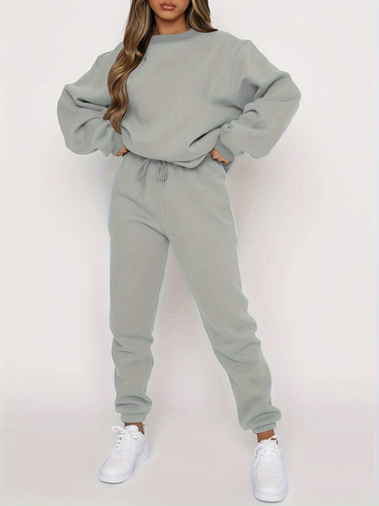 gbolsos  Solid Casual Two-piece Set, Crew Neck Long Sleeve Tops & Drawstring Jogger Pants Oufits, Women's Clothing