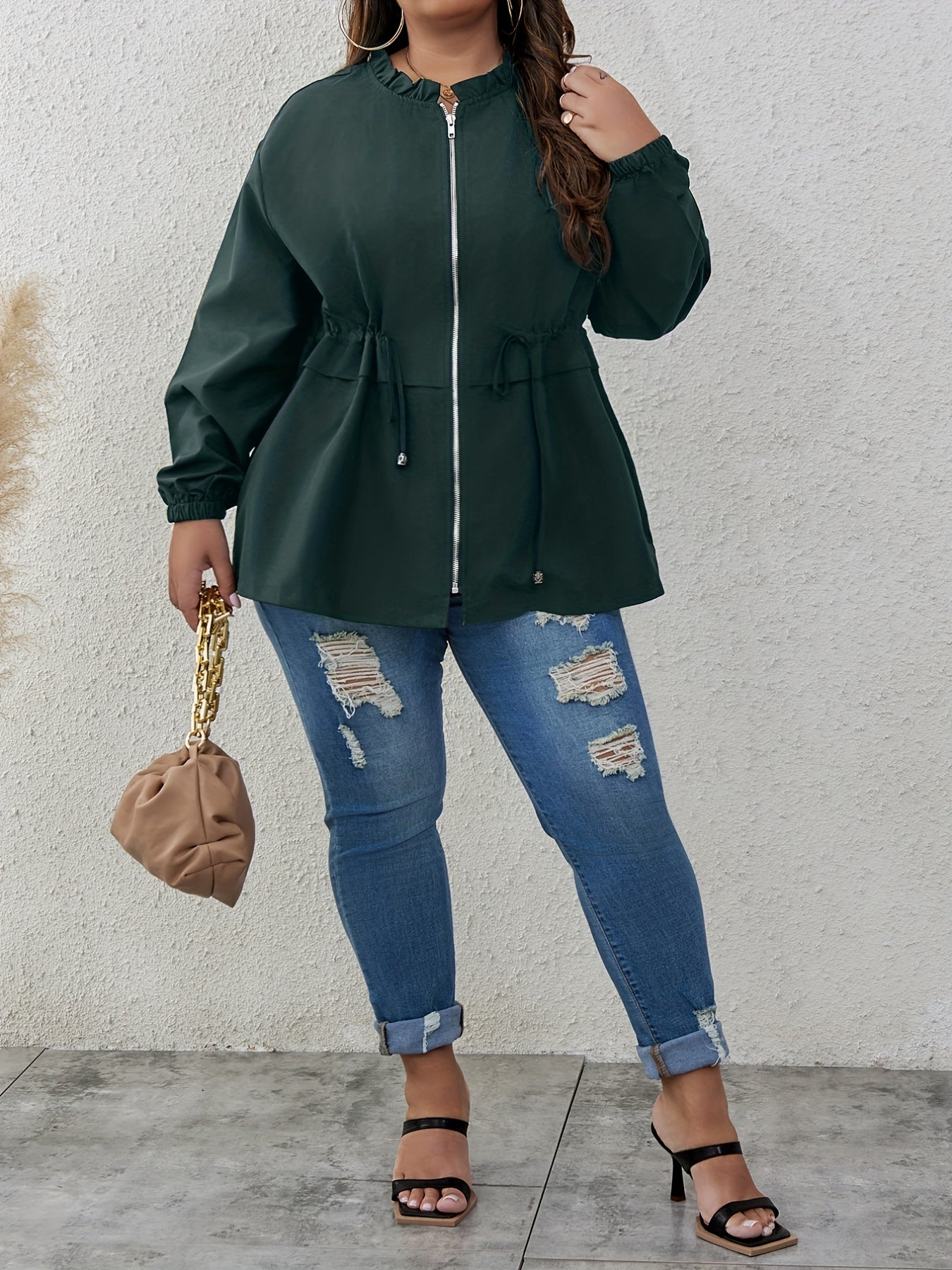 Plus Size Casual Coat, Women's Plus Solid Lettuce Trim Long Sleeve Drawstring Zipper Coat