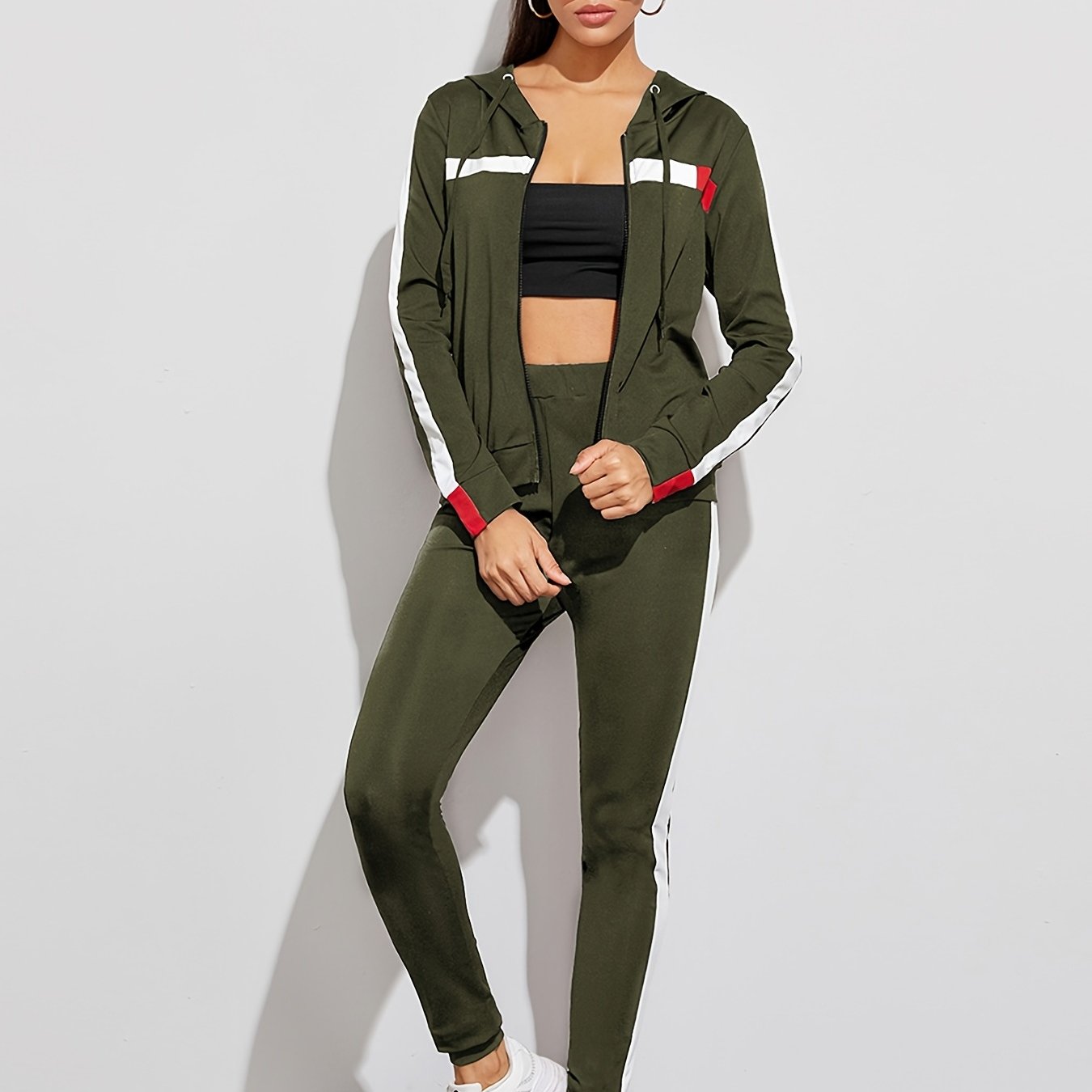 Casual 2pc Set, Zip Up Hoodies Sweatshirt & High Waist Side Striped Sweatpants, Women's Clothing