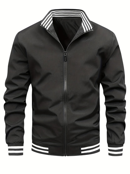gbolsos  Classic Design Bottom Striped Jacket, Men's Casual Zip Up Stand Collar Jacket For Spring Fall