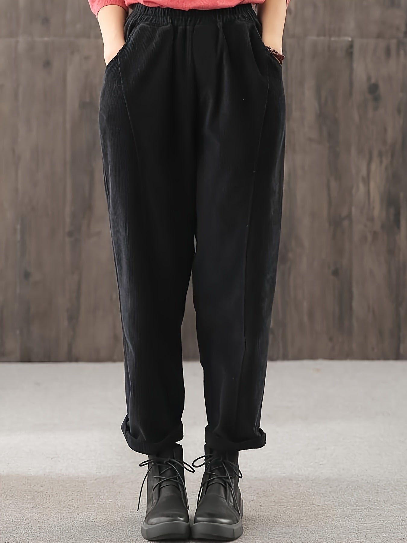 gbolsos  Solid Color Tapered Pants, Casual Elastic Waist Slant Pockets Loose Pants, Women's Clothing