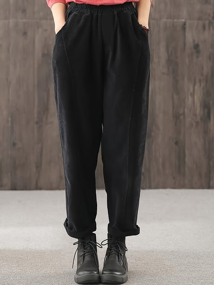 gbolsos  Solid Color Tapered Pants, Casual Elastic Waist Slant Pockets Loose Pants, Women's Clothing