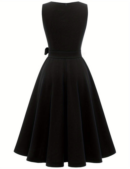 Simple Sleeveless Dress, Vintage Crew Neck Solid Party Dress, Women's Clothing