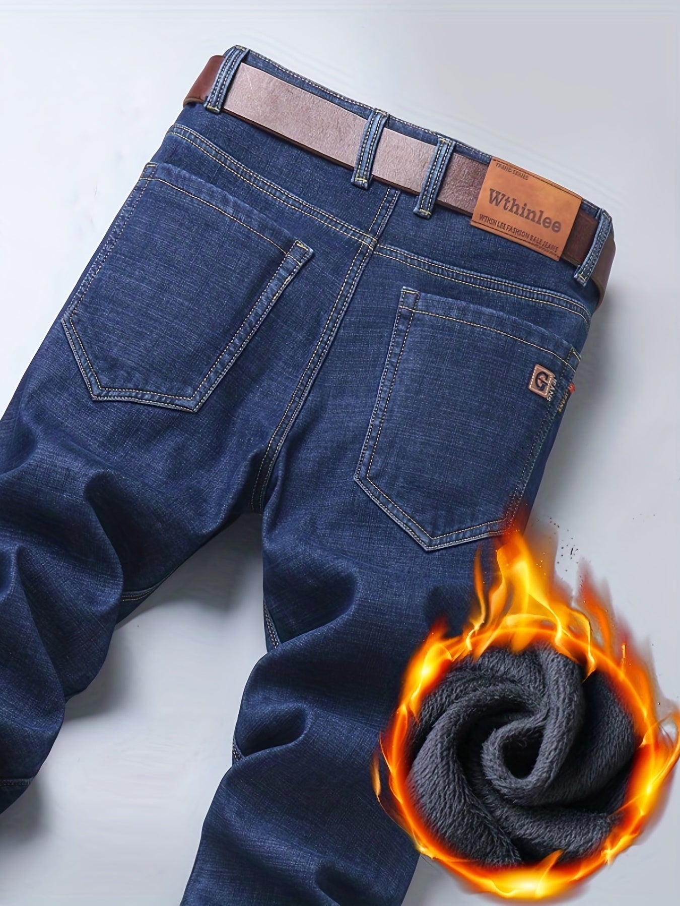 gbolsos  Warm Fleece Straight Leg Jeans For Business, Men's Casual Stretch Thick Denim Pants For Fall Winter