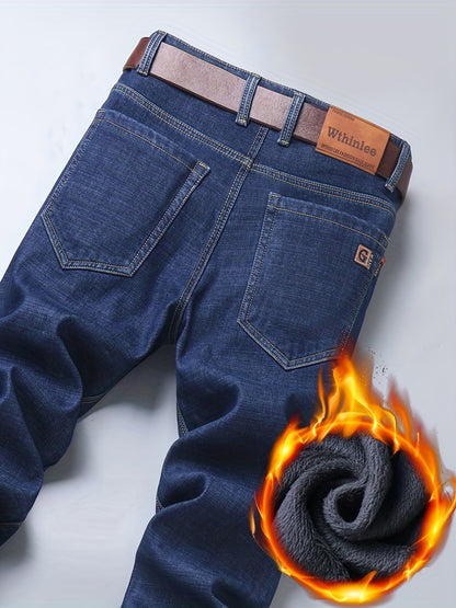 gbolsos  Warm Fleece Straight Leg Jeans For Business, Men's Casual Stretch Thick Denim Pants For Fall Winter
