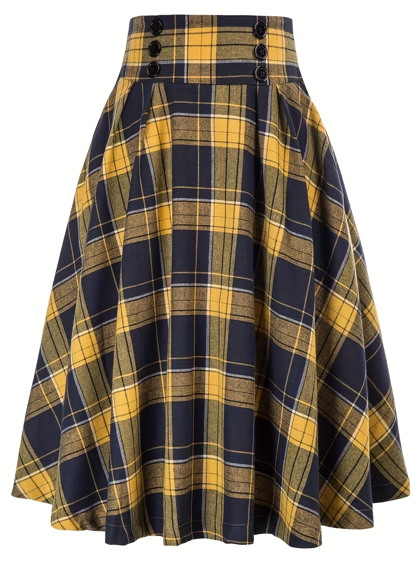 gbolsos  Plus Size Grunge Skirt, Women's Plus Plaid Print Button Decor Elastic Ruffle Skirt