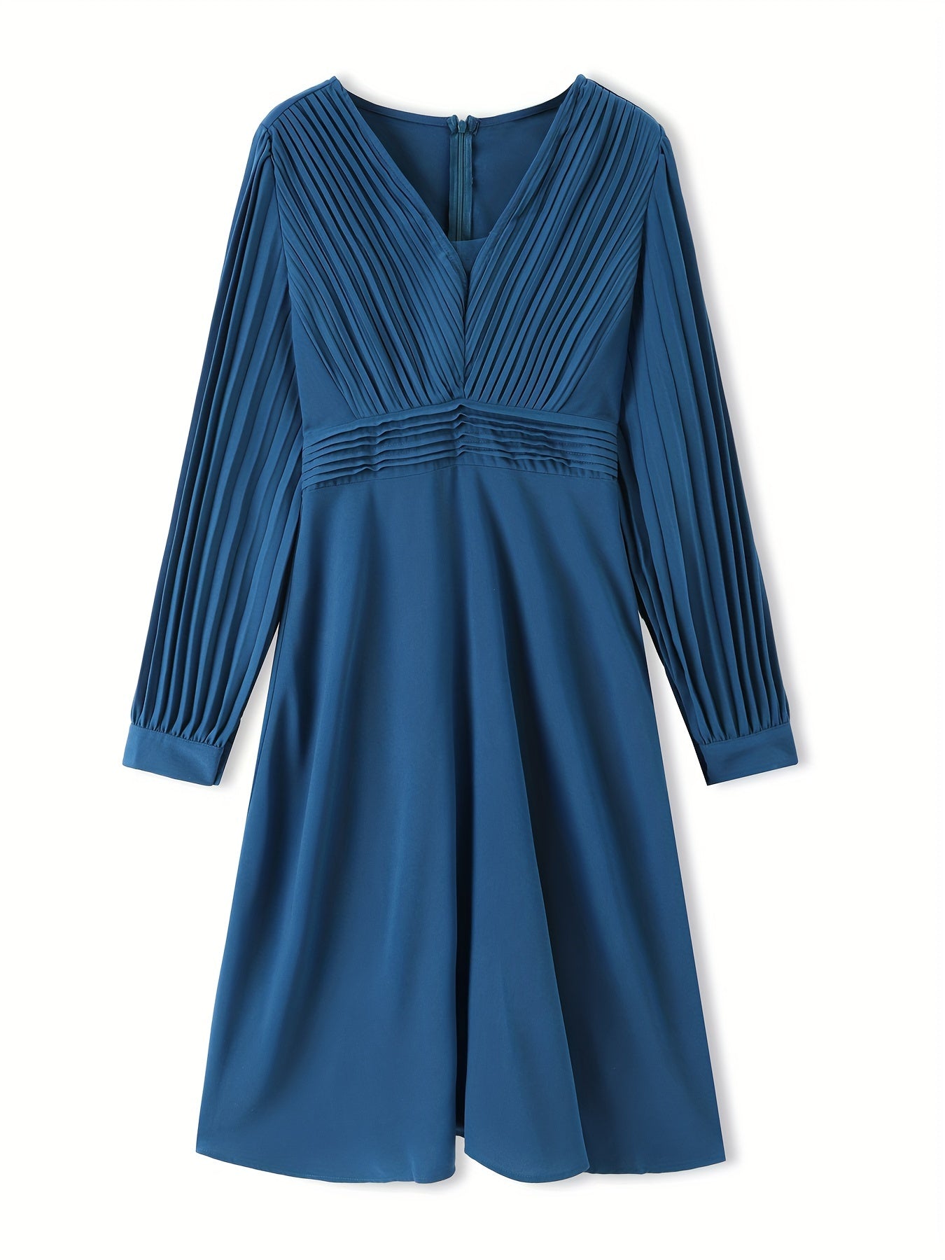 Tucked Solid Midi Dress, Elegant V Neck Long Sleeve Dress, Women's Clothing