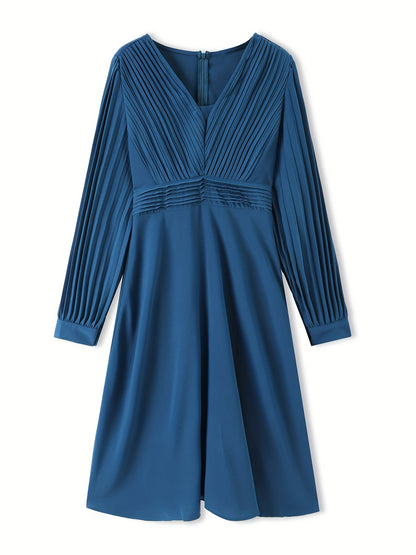 Tucked Solid Midi Dress, Elegant V Neck Long Sleeve Dress, Women's Clothing