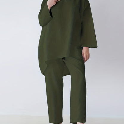 gbolsos  Solid Casual Two-piece Set, Long Sleeve Crew Neck Loose Tops & Wide Leg Pants Outfits, Women's Clothing
