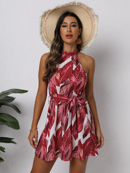 Leaf Print Halter Neck Dress, Boho Sleeveless Tie Front Dress For Spring & Summer, Women's Clothing