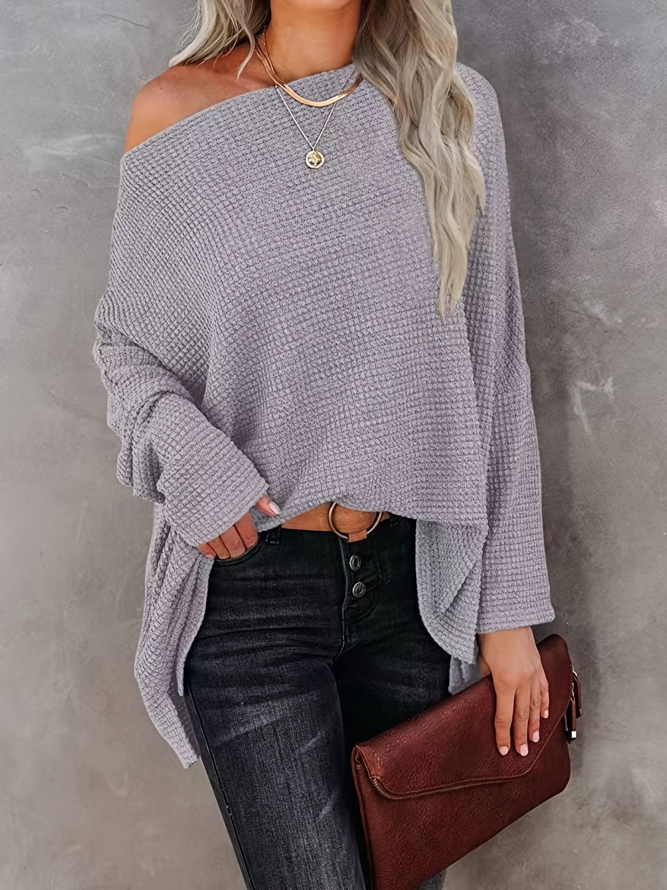 gbolsos  Women's Casual Off Shoulder Bat Long Sleeve Waffle Knitted Oversized Pullover Sweater, Casual Tops For Fall & Winter, Women's Clothing