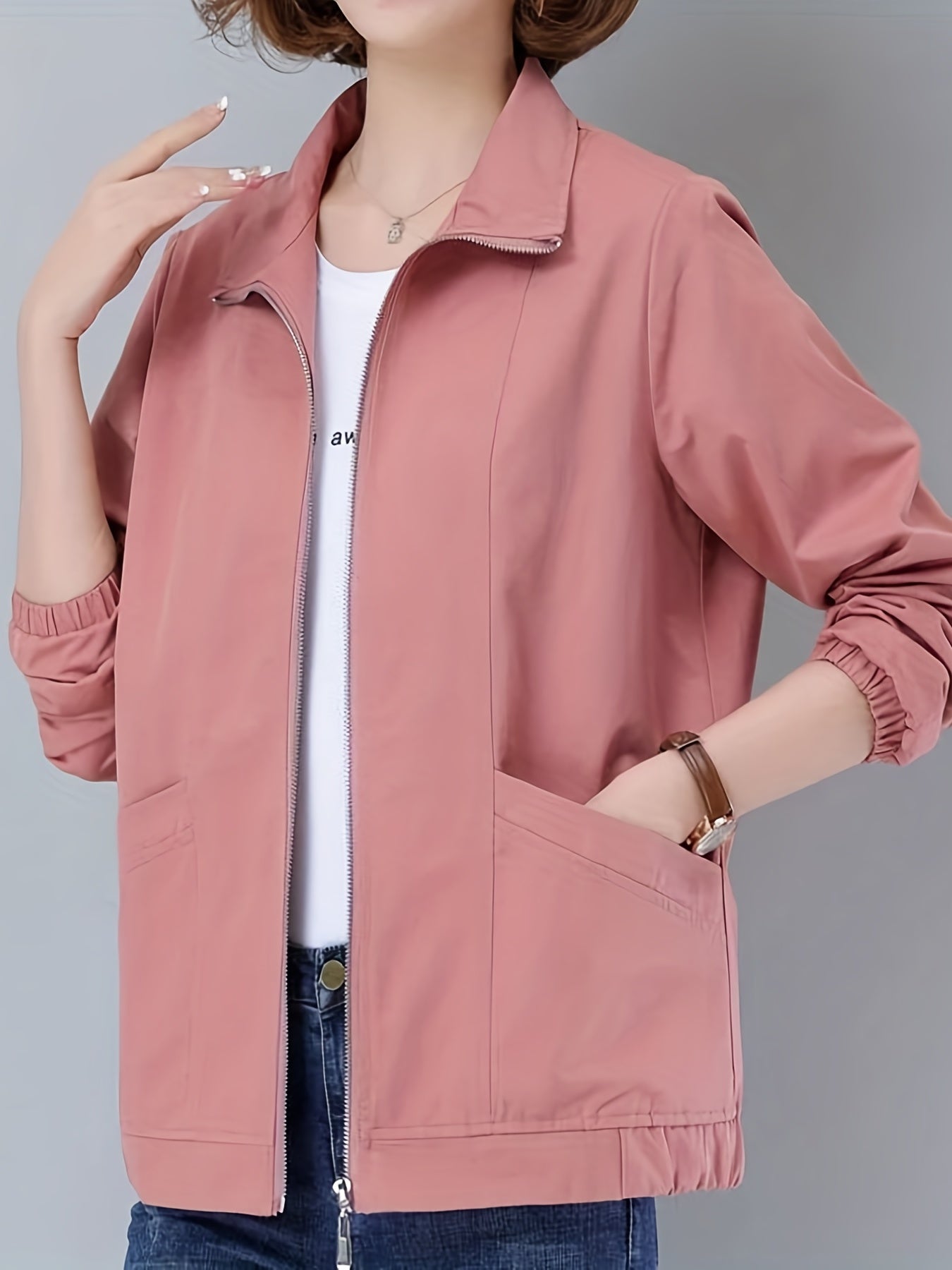 gbolsos  Zip Up Pocket Front Jacket, Casual Long Sleeve Solid Outerwear, Women's Clothing