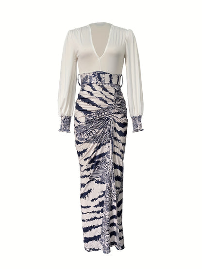 gbolsos  Graphic Print Splicing Dress, Vacation Split Thigh Plunging Long Sleeve Maxi Dress, Women's Clothing