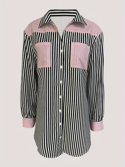 gbolsos  Colorblock Striped Polo Collar Button Shirt, Casual Pocket Long Sleeve Shirt For Spring & Fall, Women's Clothing