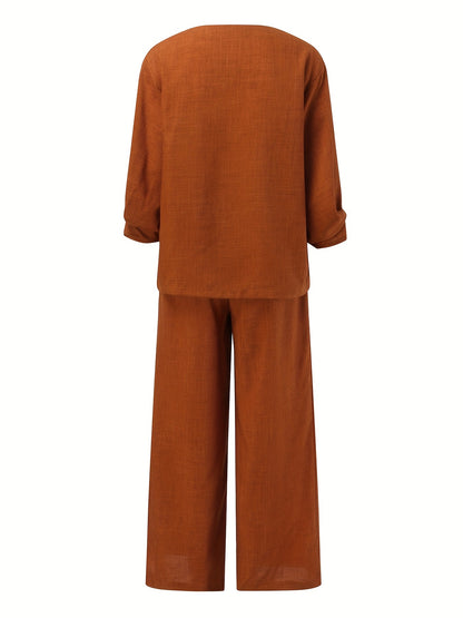Solid Casual Two-piece Set, V Neck Lantern Sleeve Tops & Wide Leg Pants Outfits, Women's Clothing