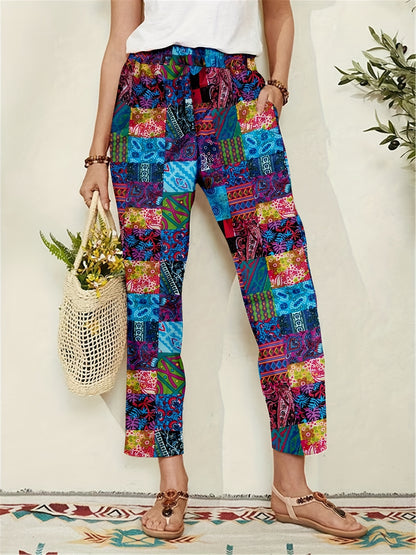 Patchwork Print Elastic Waist Pants, Casual Pants For Spring & Summer, Women's Clothing