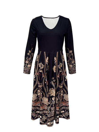 gbolsos  Floral Print V Neck Dress, Elegant Long Sleeve Dress, Women's Clothing