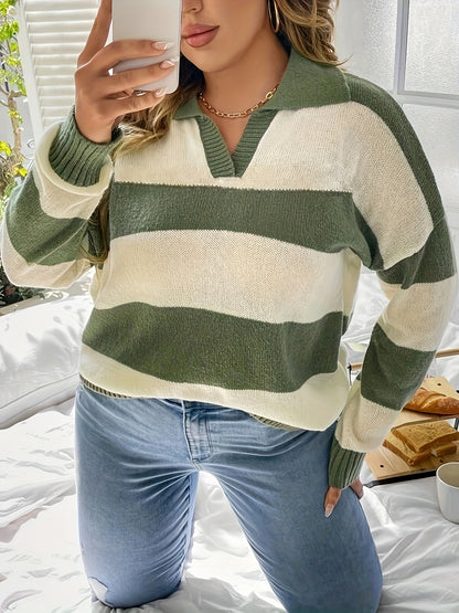gbolsos   Plus Size Casual Sweater, Women's Plus Colorblock Stripe Print Drop Shoulder Long Sleeve V Neck Lapel Collar Slight Stretch Pullover Sweater