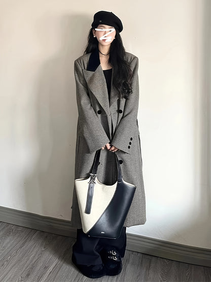 gbolsos  Color Block Double-breasted Coat, Casual Long Sleeve Back Vent Tie Lapel Overcoat For Fall & Winter, Women's Clothing