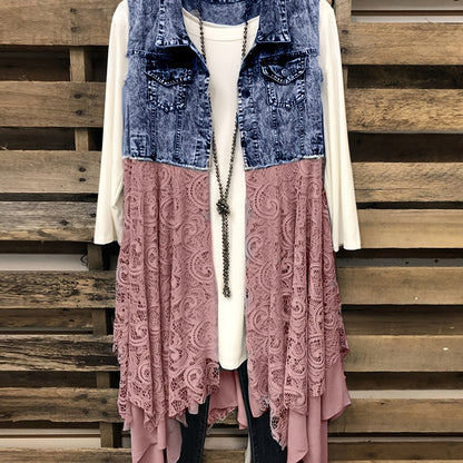 Lace High Low Trim Denim Vest Dress, Flap Pockets Raw Hem Lady Distressed Vest Dress, Women's Denim & Clothing