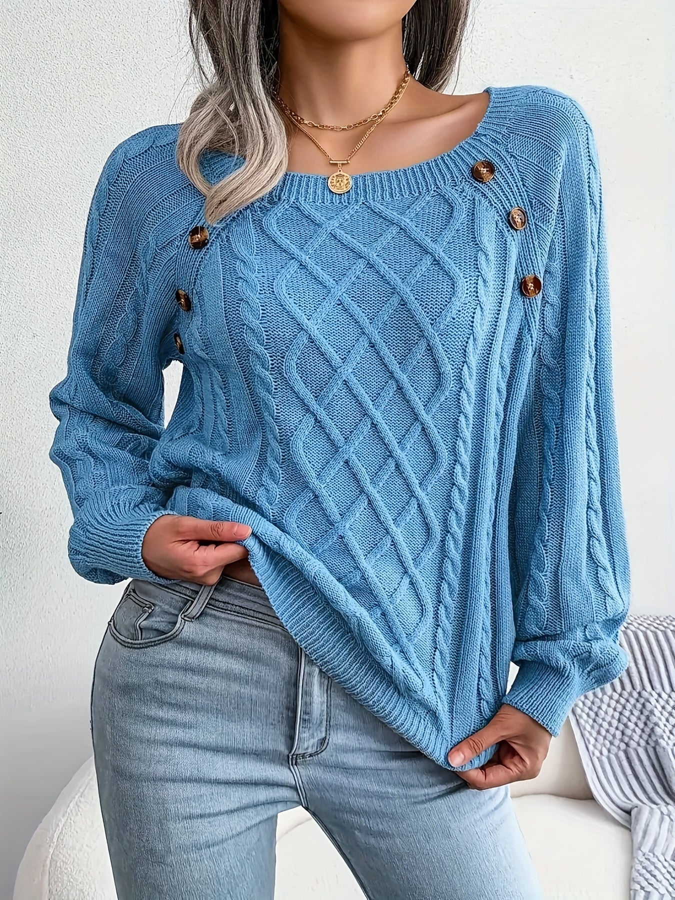 2025 gbolsos  Cable Knitted Button Sweater, Casual Long Sleeve Sweater For Fall & Winter, Women's Clothing