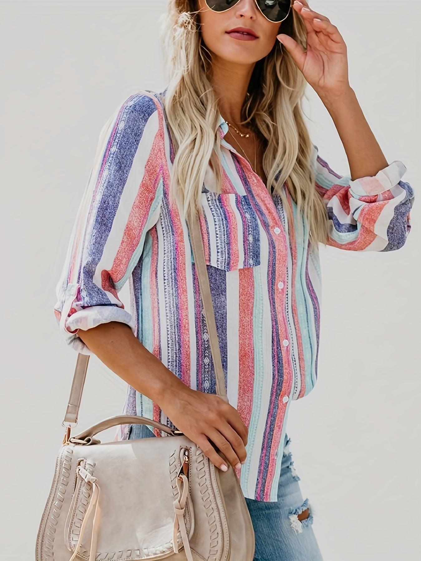 gbolsos  Casual Striped Shirt, Button Up Top For Spring & Fall, Women's Clothing