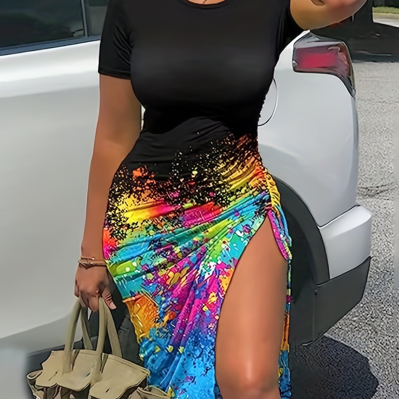 gbolsos  Ombre Print Ruched Dress, Side Slit Short Sleeve Crew Neck Casual Dress For Summer & Spring, Women's Clothing