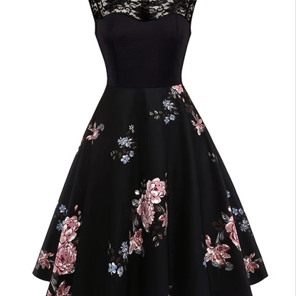 2025 gbolsos  Women's Dresses Contrast Lace Vintage Dark Peony Print Sleeveless Dress